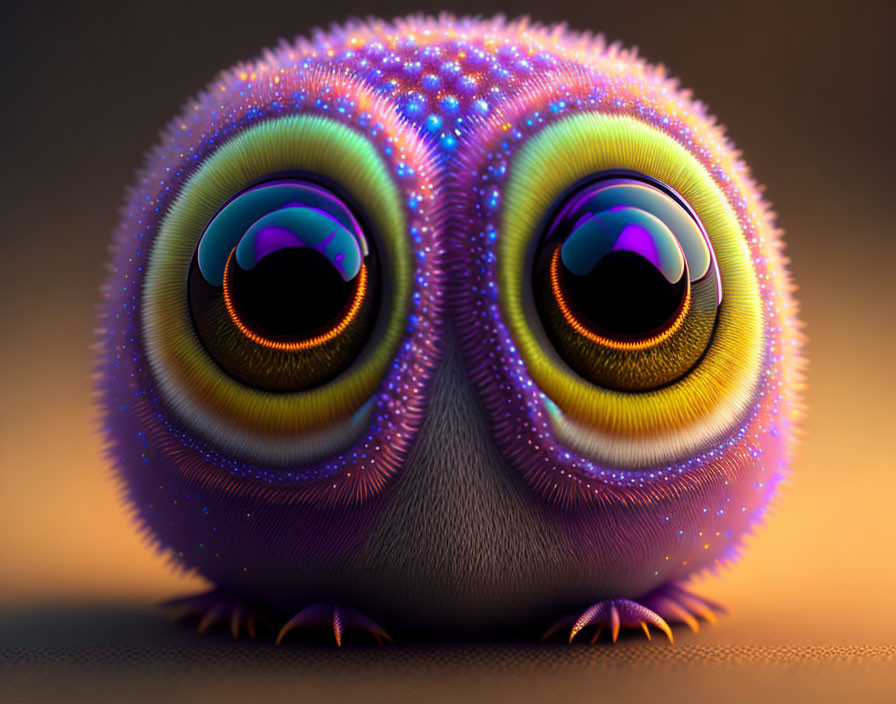 Colorful Cartoon Owl with Glossy Eyes and Iridescent Hues