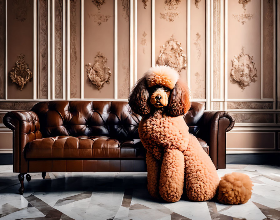Apricot poodle on leather couch in luxurious room