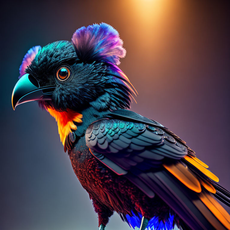 Colorful Bird Artwork with Iridescent Feathers in Purple, Blue, and Orange