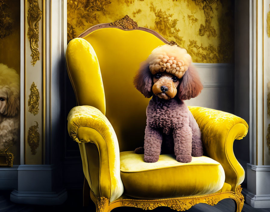 Groomed poodle on yellow armchair with gold details