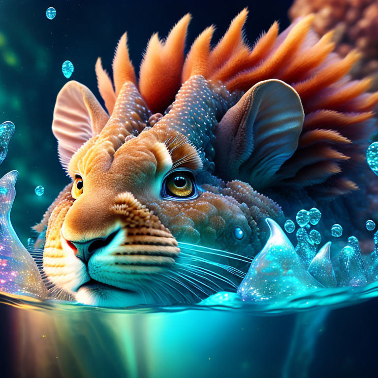Fantastical lion with fins and gills in underwater scene