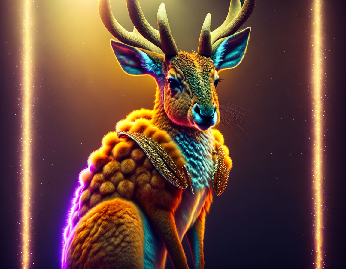 Colorful digital artwork: Glowing deer with neon colors and intricate patterns