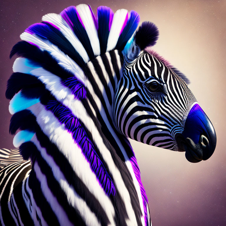 Vibrant zebra with iridescent mane on twilight background