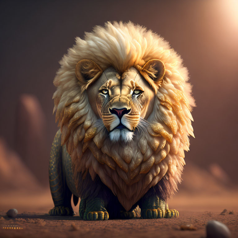 Majestic lion with golden mane and green scales in desert setting