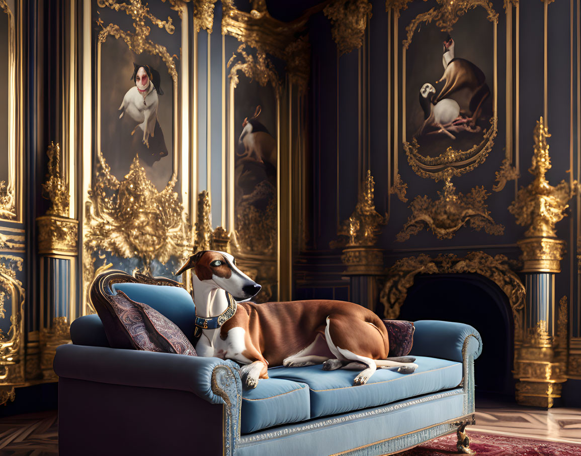 Luxurious Blue Sofa with Elegant Dog in Ornate Room
