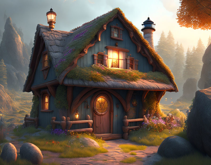 Quaint cottage with moss-covered roof in sunlit forest glade