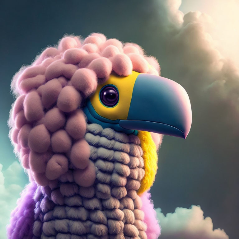 Colorful bird with blue and yellow beak in fluffy feathers on cloudy sky
