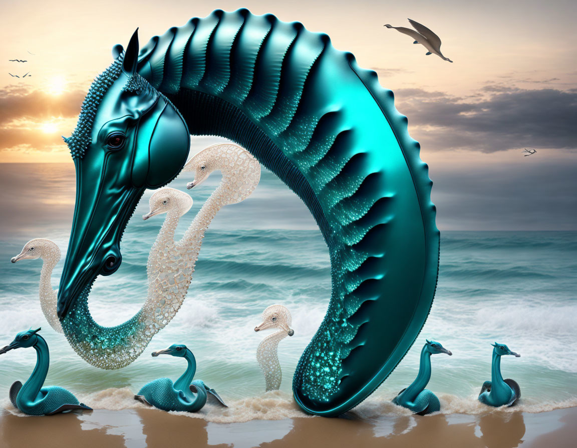 Fantastical metallic blue seahorse with multiple swan heads in sunset sea