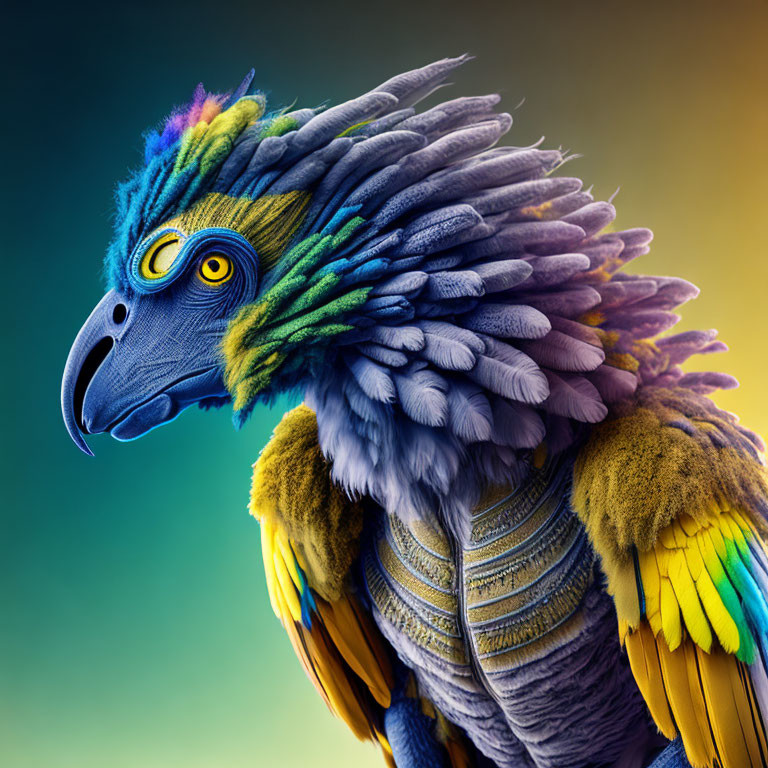 Colorful bird-like creature with rainbow plumage and yellow eyes