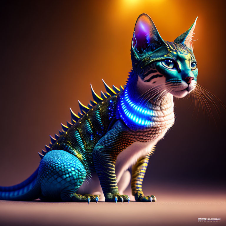 Fantastical cat with reptilian features on warm backdrop