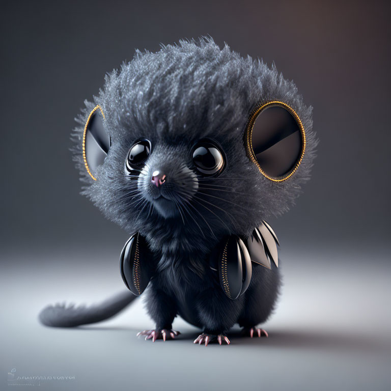 Stylized fluffy cartoon mouse with large eyes and gold accents