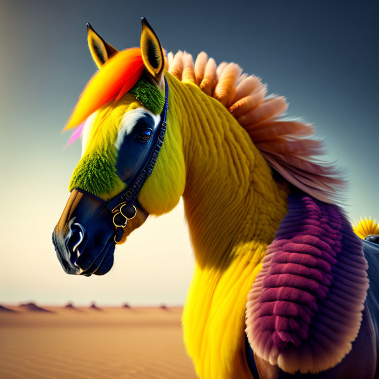 Colorful horse with rainbow mane in desert setting.