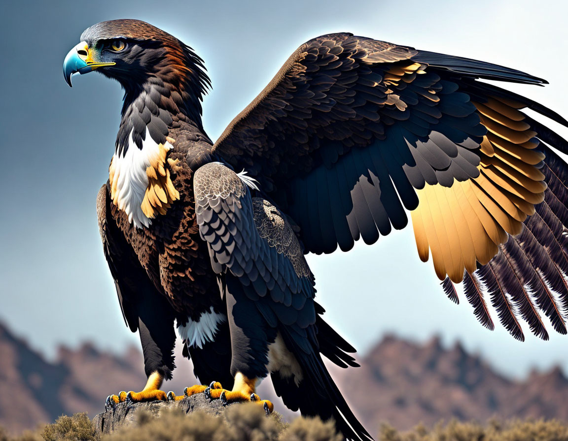 Majestic eagle perched on rock with sharp gaze and spread brown & white feathers against mountainous