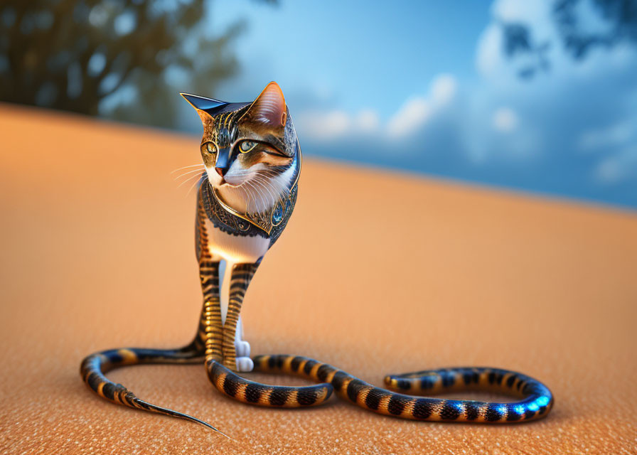 Surreal cat with snake body in desert landscape