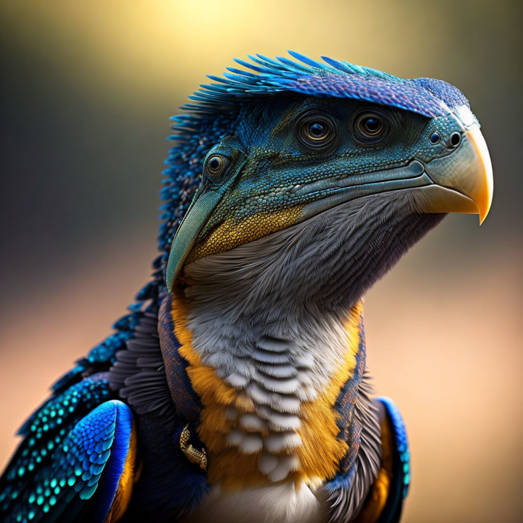 Colorful bird with blue and orange plumage and striking head crest in close-up view