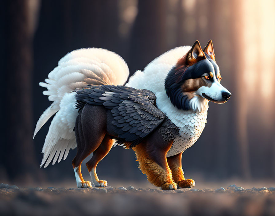 Majestic creature with dog body and bird wings in forest clearing at dusk