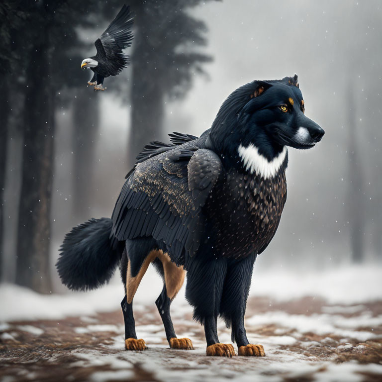 Majestic wolf-bird hybrid in snowy forest with eagle overhead