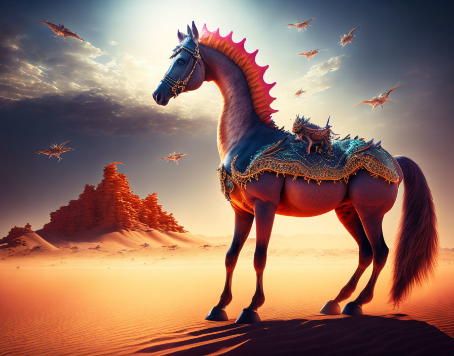 Majestic horse with pink mane in desert sunset with flying birds.