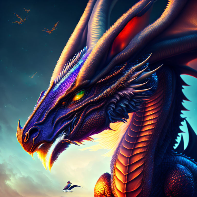 Vibrant blue and orange dragon with green eyes and horns in twilight sky