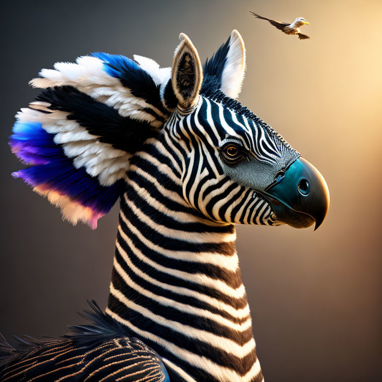 Colorful Zebra Digital Artwork with Feathered Mane and Bird in Background