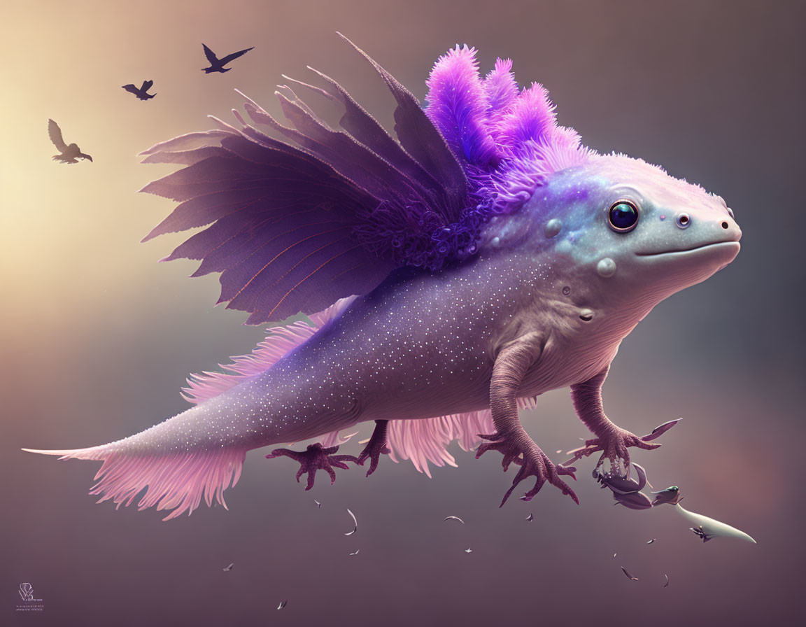 Axolotl and bird hybrid creature with purple plumage in graceful glide.