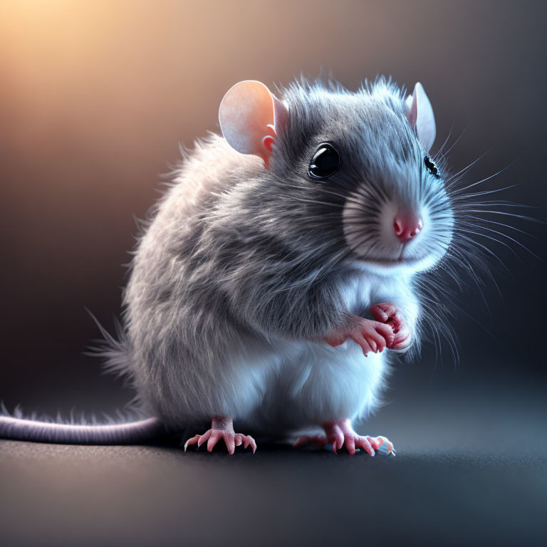 Fluffy gray mouse with pink ears on hind legs in soft background