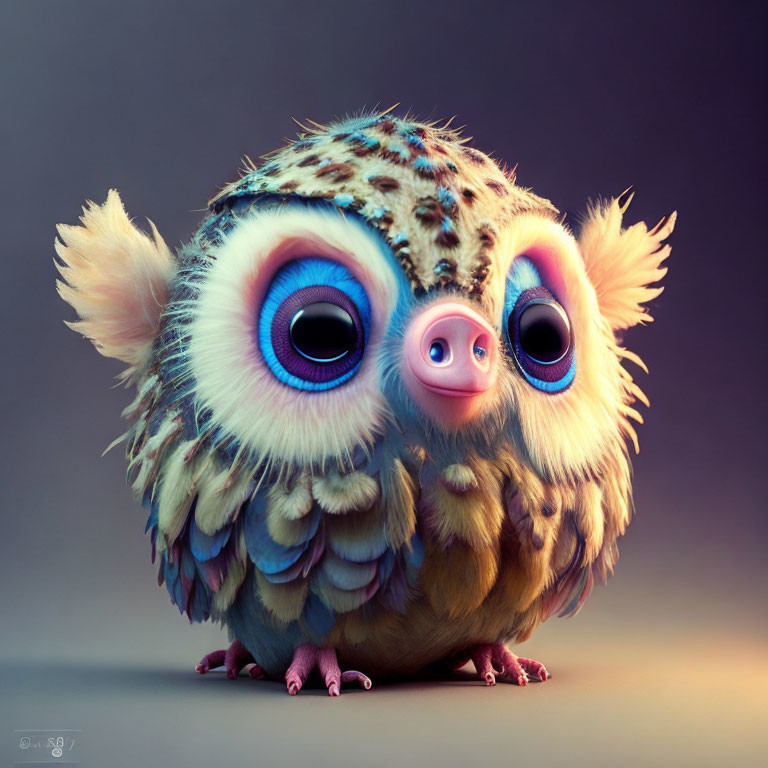 Stylized whimsical illustration of fluffy owl with expressive blue eyes