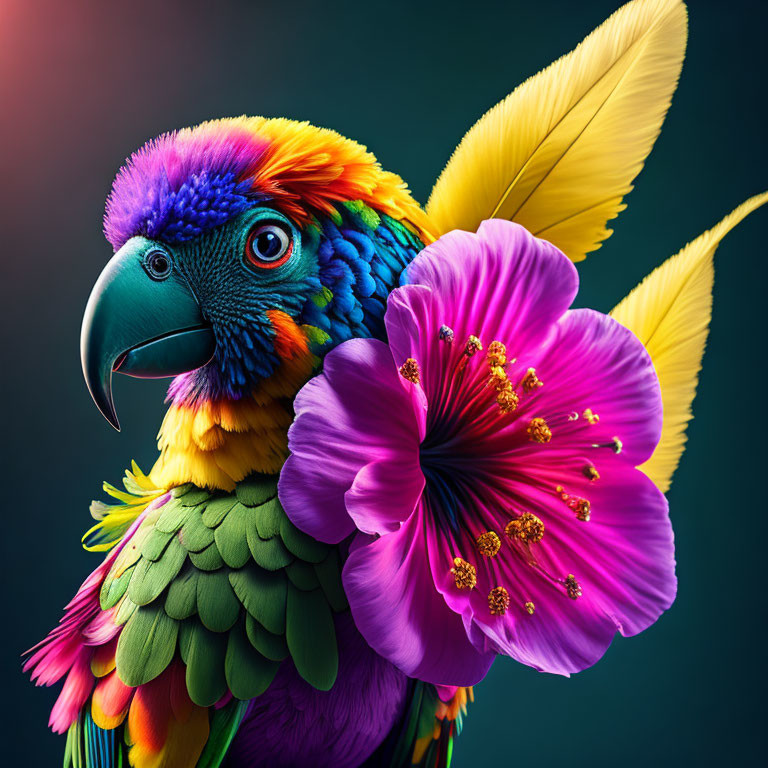 Colorful Parrot with Multicolored Feathers Next to Pink and Purple Flower