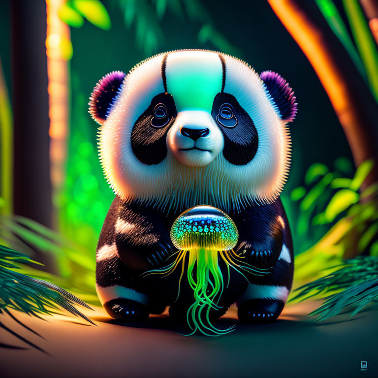 Colorful Stylized Panda Holding Glowing Jellyfish in Tropical Scene