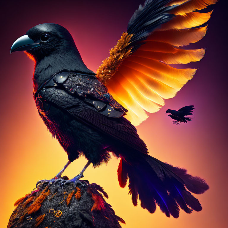 Majestic raven with fiery wings perched on rock in vibrant setting