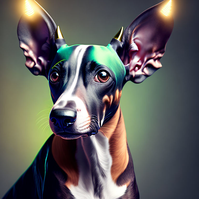 Vibrant digital portrait of a dog with glowing, erect ears