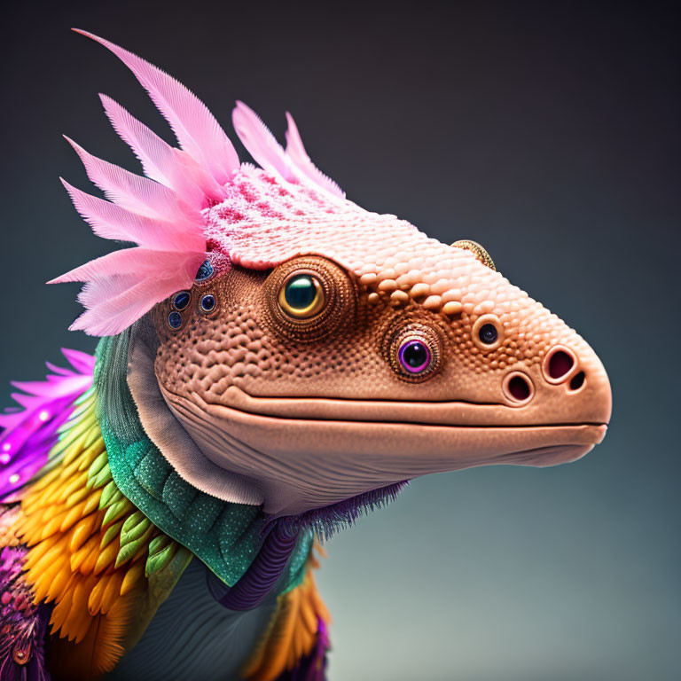 Vibrant 3D illustration of whimsical reptile creature with colorful feathers and scales