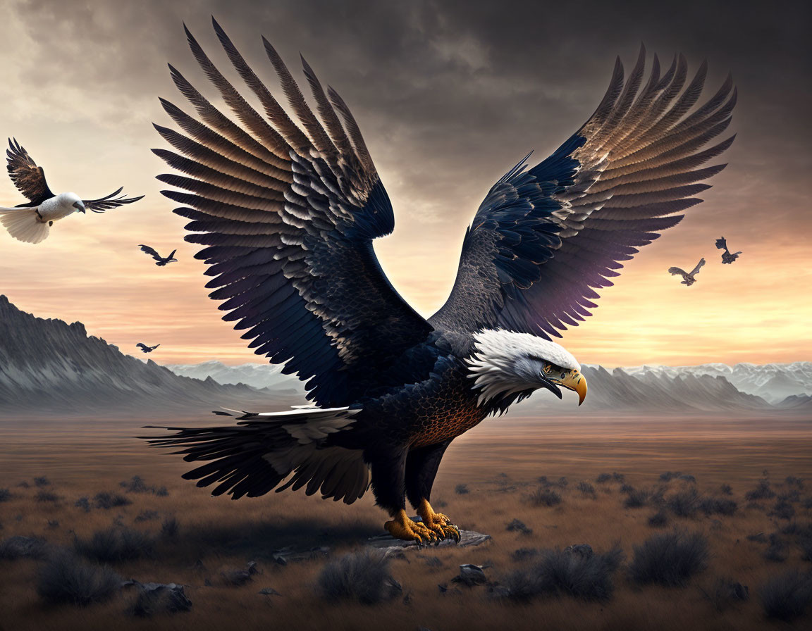 Majestic eagle with expanded wings in desolate dusk landscape