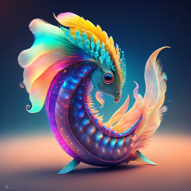 Colorful digital artwork: Mythical sea creature with serpentine body, ornate fins, feathers