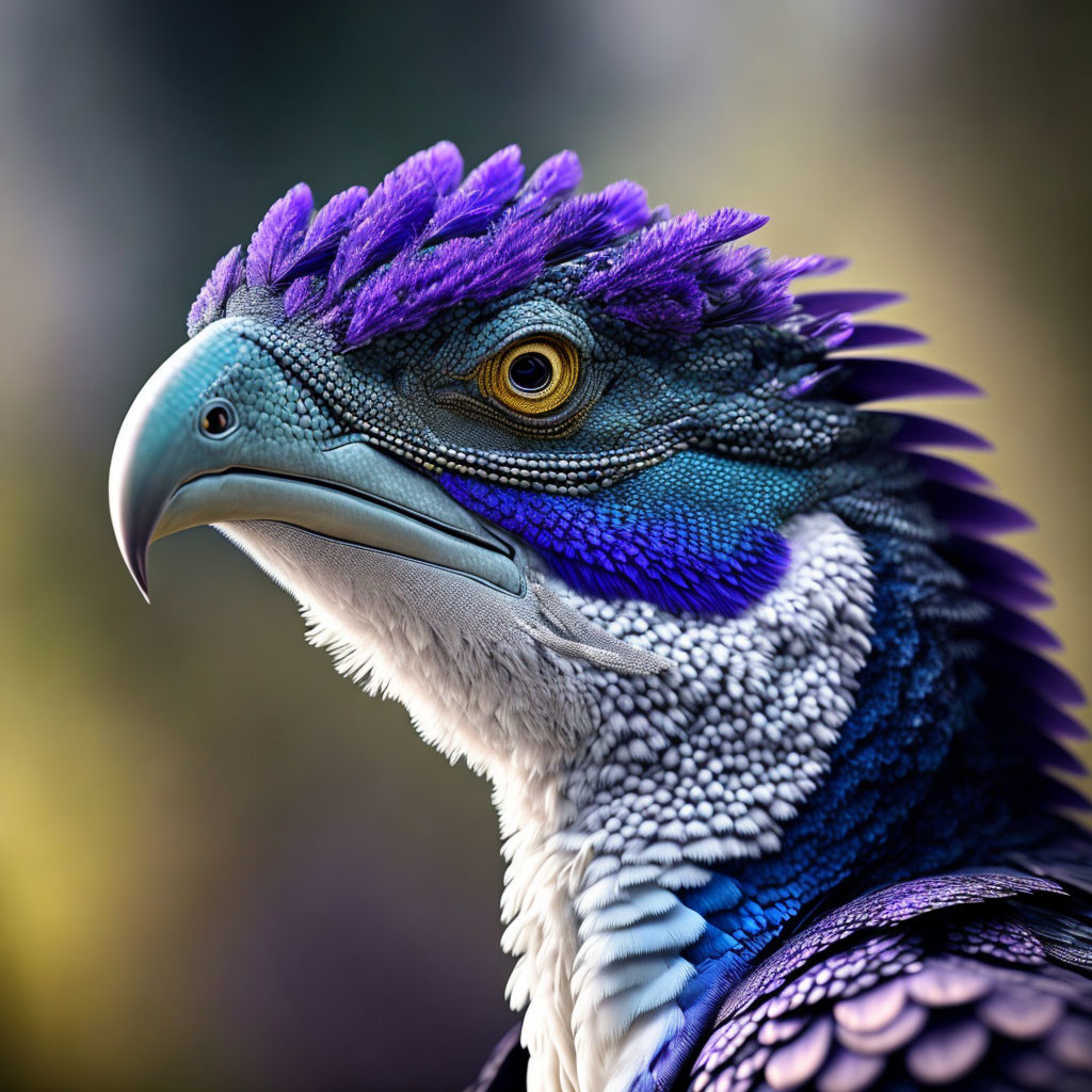 Colorful bird with purple crest and blue patterns up close