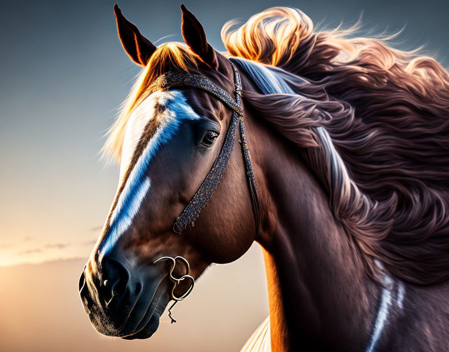 Majestic chestnut horse with flowing mane and bridle in sunset scenery