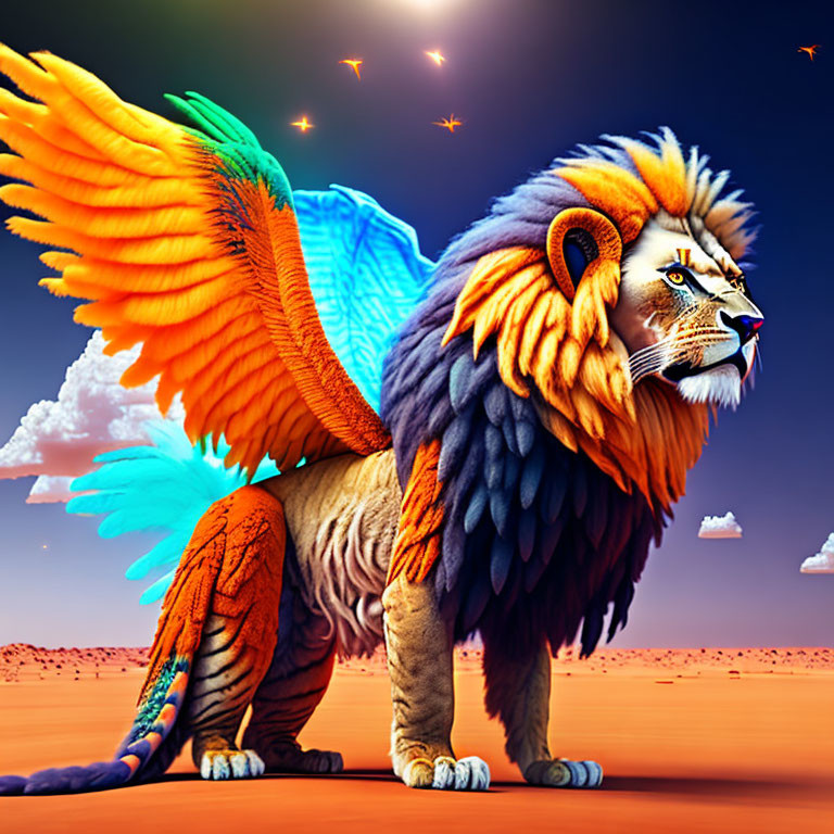 Multicolored Winged Lion in Desert with Orange and Blue Sky
