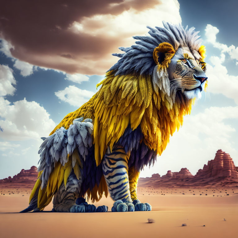Colorful Mane Lion in Fantasy Desert Scene