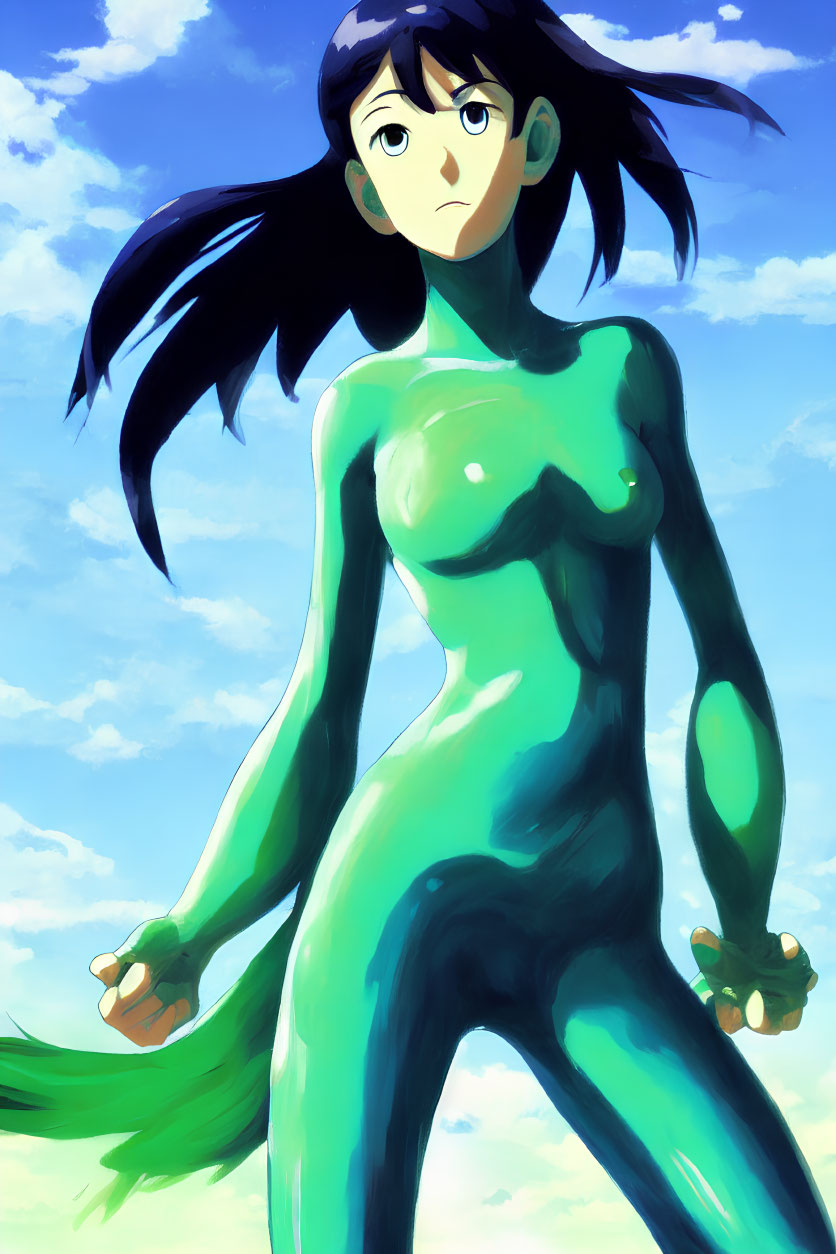 Stylized female character in green suit with long black hair
