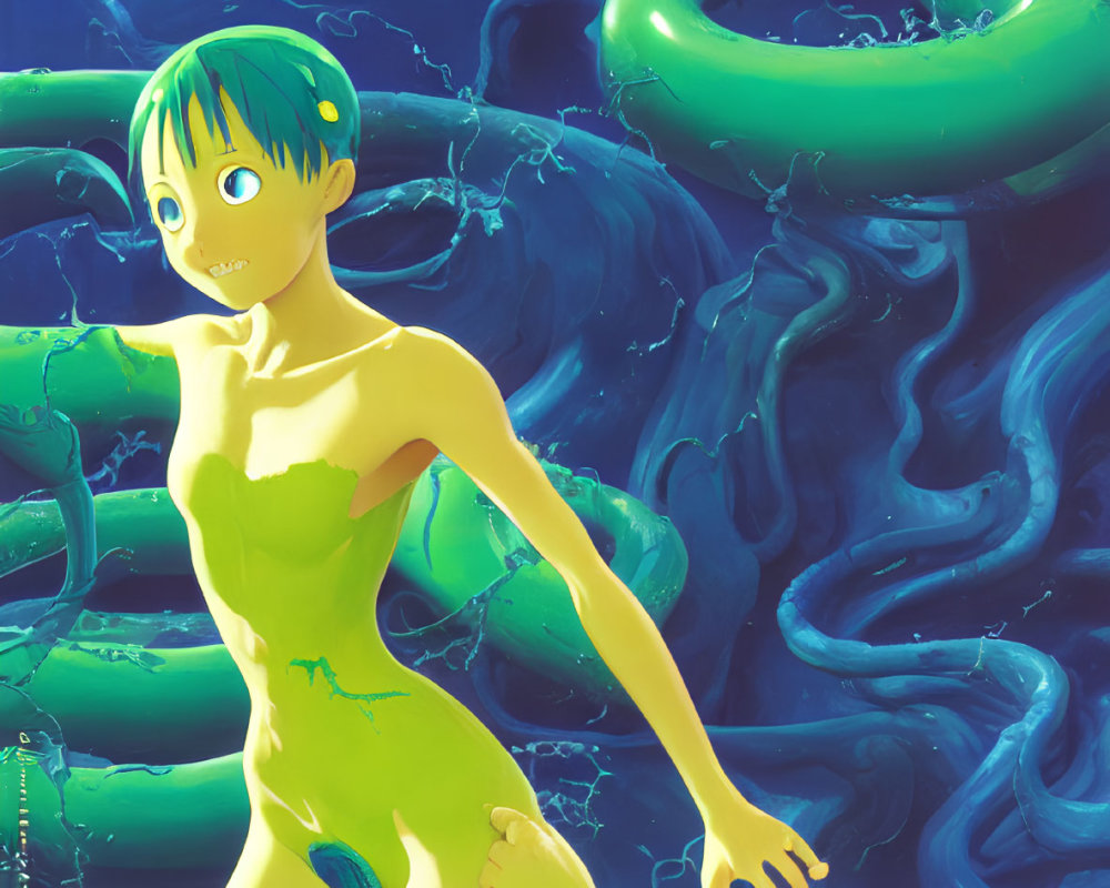 Green-haired character in body-hugging suit with swirling green tubes on deep blue background