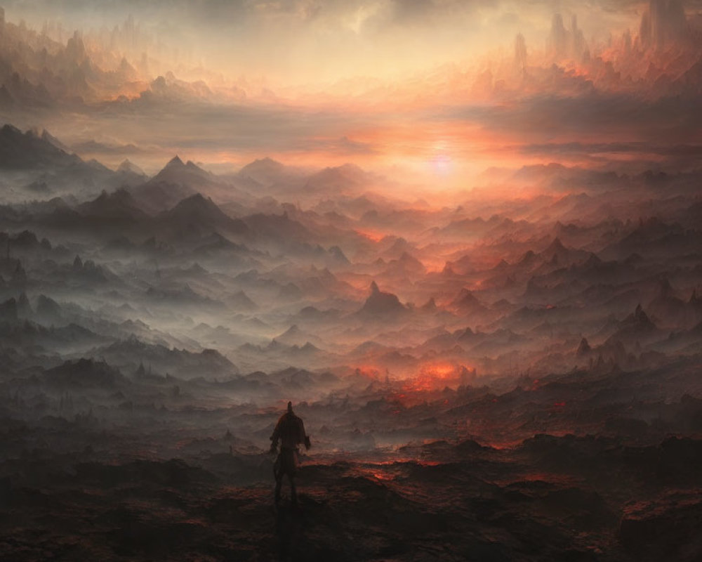 Figure overlooking fiery landscape with jagged mountains and dramatic sky
