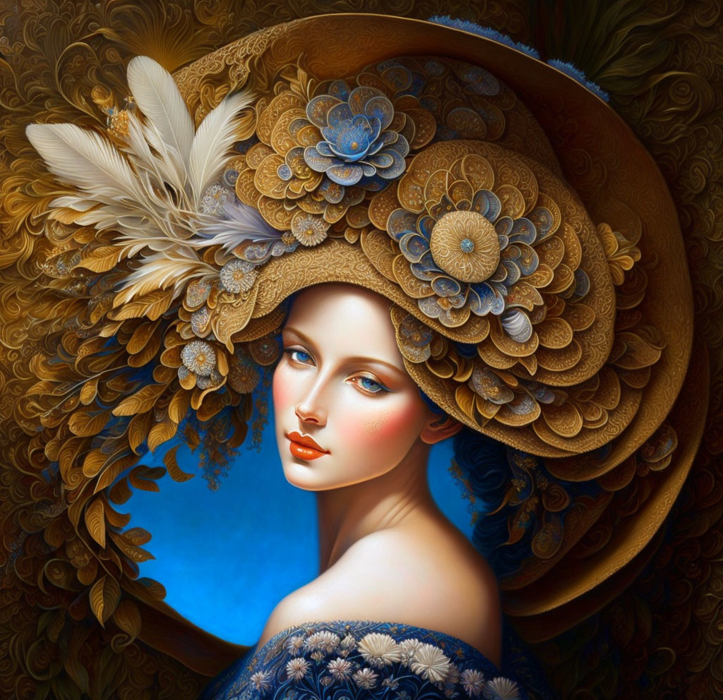 Digital artwork: Woman with stylized floral headwear in gold and brown on blue background