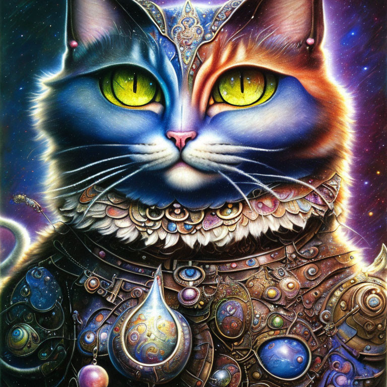 Colorful Cosmic Cat Artwork with Steampunk Armor in Space