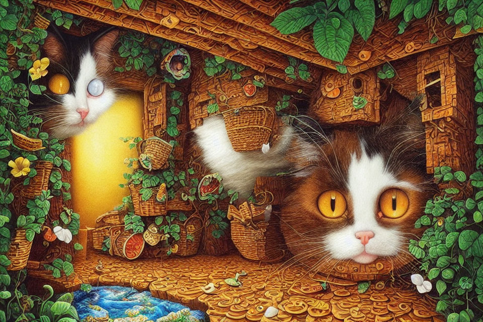 Whimsical fantasy artwork of two large cats in wooden house