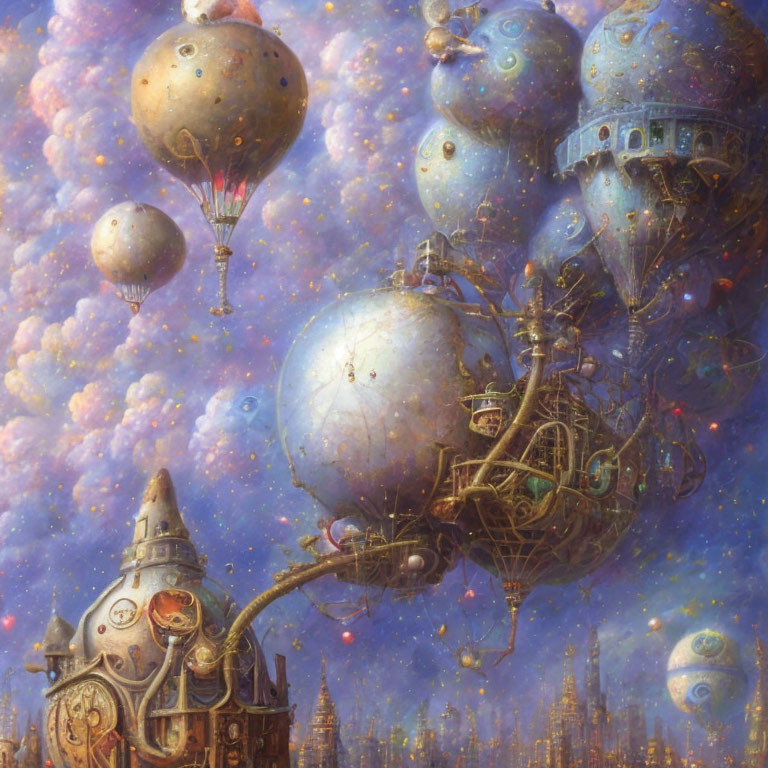 Floating steampunk city with interconnected spheres and airships in a surreal sky.