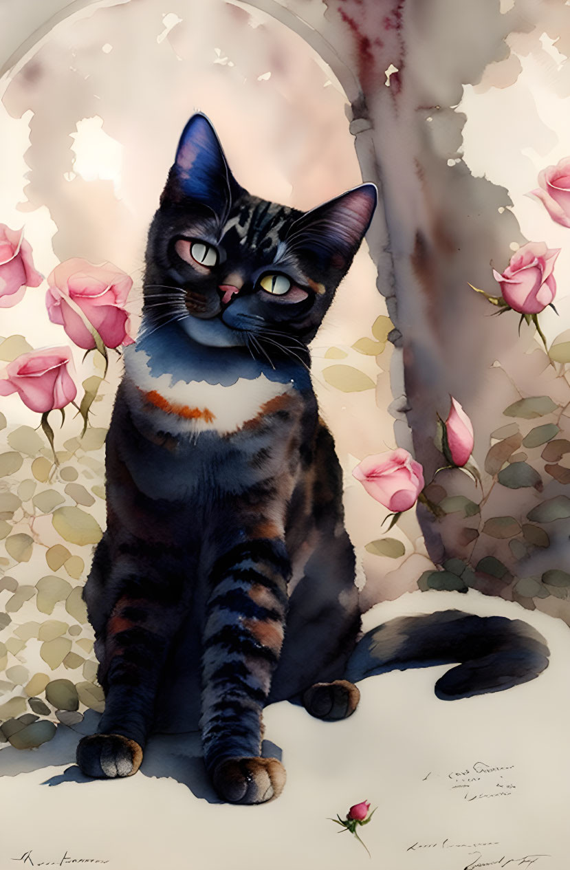 Seated Black Cat with Pink Roses on Beige Background