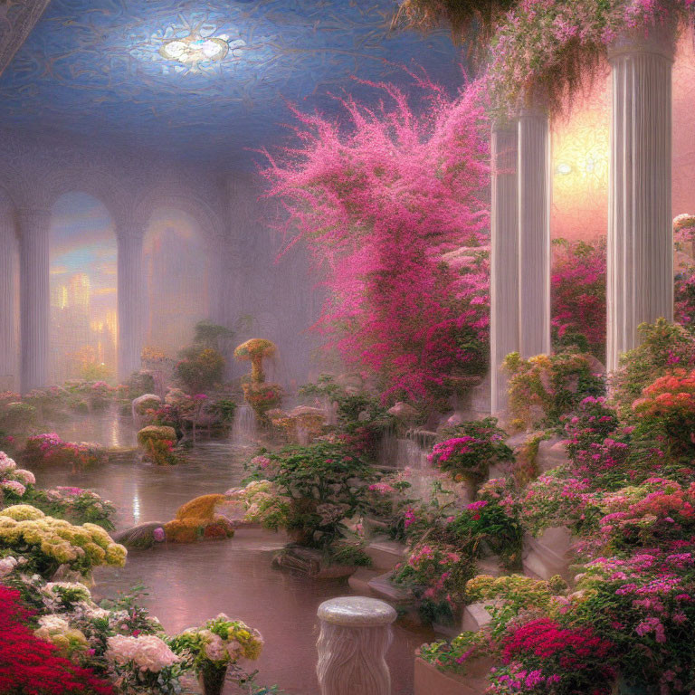 Ethereal indoor garden with pink blossoms, stone columns, tranquil pond, glowing chandelier