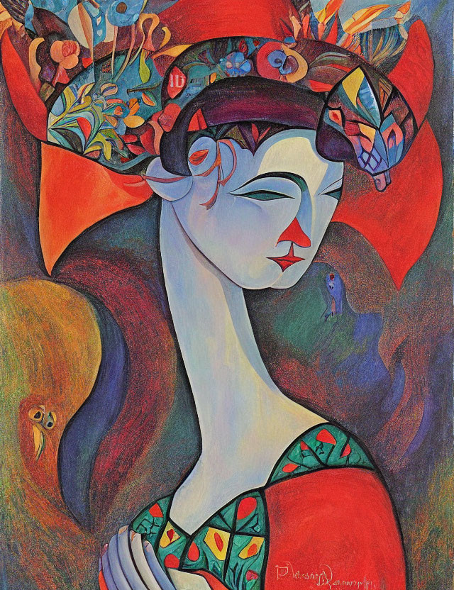 Colorful painting of stylized woman with floral headdress and bird against abstract background