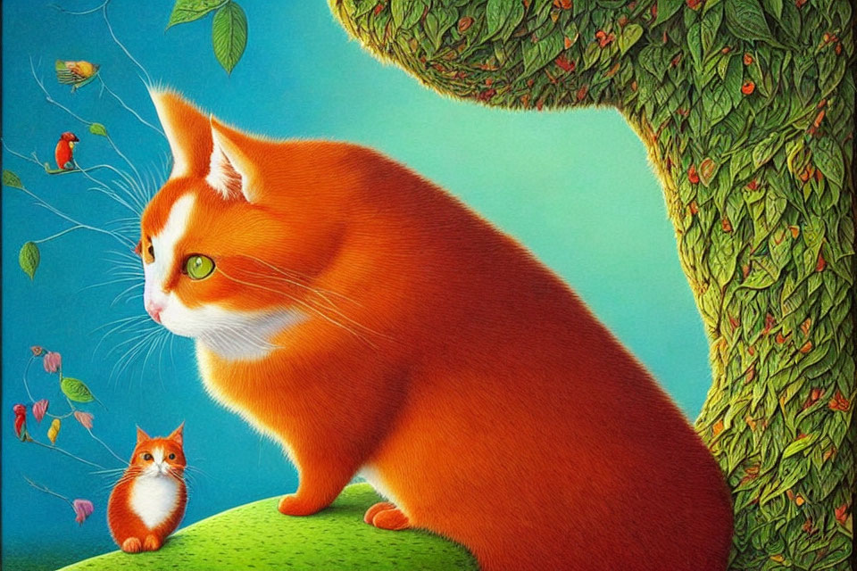 Vivid orange striped cat illustration in fantastical green setting