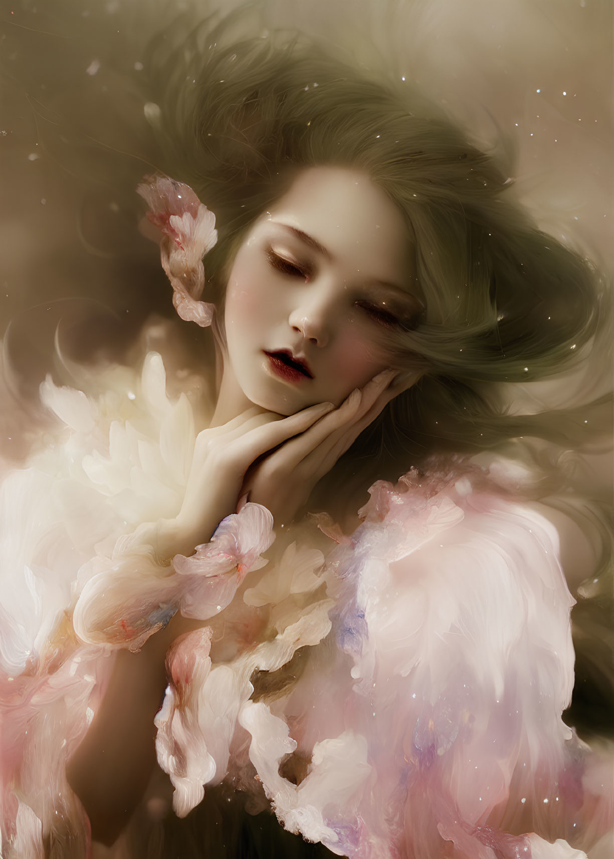 Ethereal portrait of woman with flowing hair and feather-like details